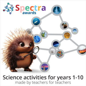 Spectra molecule icon with Spike the Echidna. Spectra logo.