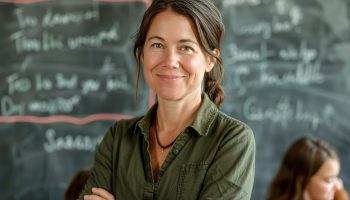 Female science professor confidently standing in front of a chalkboard, demonstrating complex theories, symbolizing strength, intelligence, and the impact of women in academic leadership.